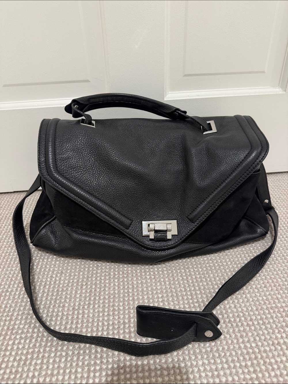 Sandro Black Leather Tote with Silver Zipper Details
